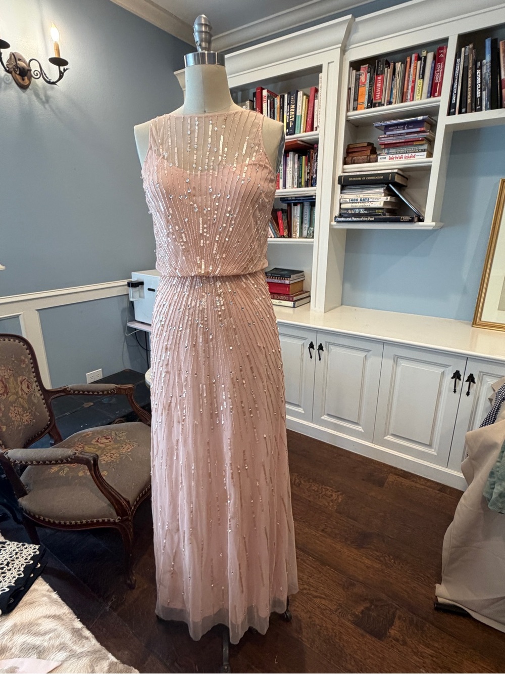 Aidan Mattox Blush Sequin Illusion Yoke Evening Gown